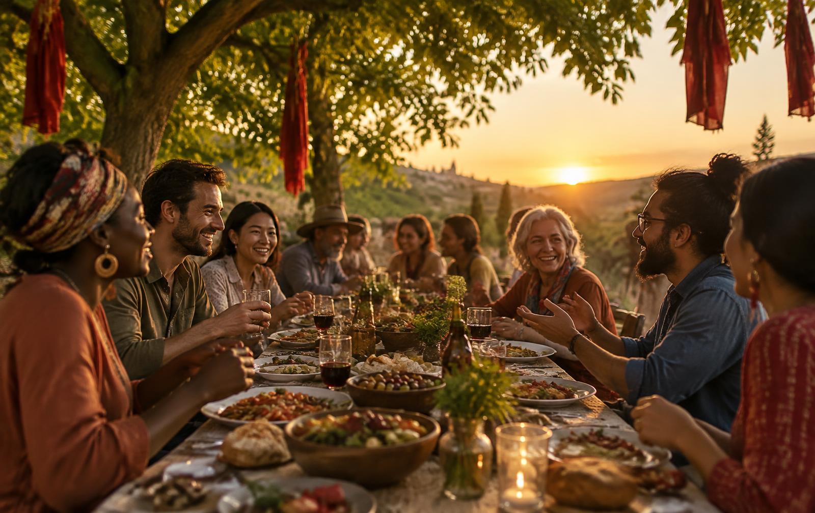 International community sharing a sunset meal
