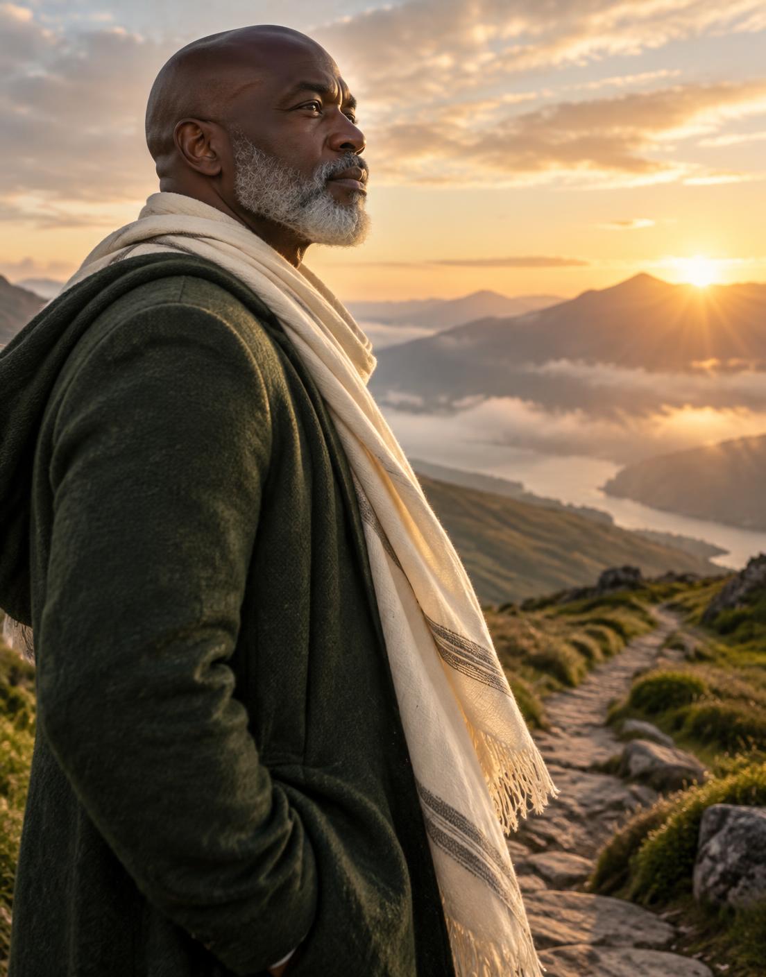 Founder overlooking a highland path at sunrise