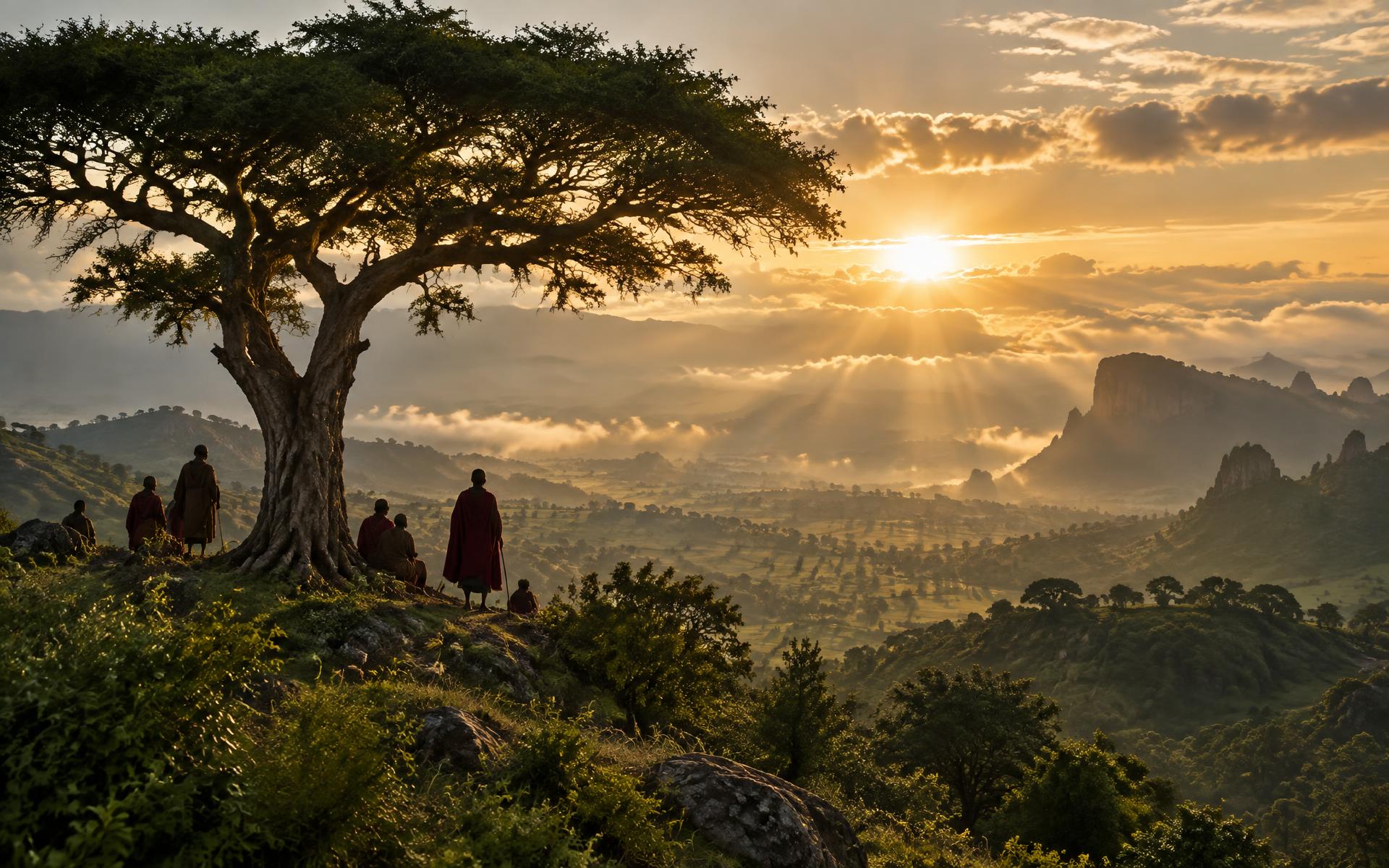 Sunrise over a highland valley and ancient tree